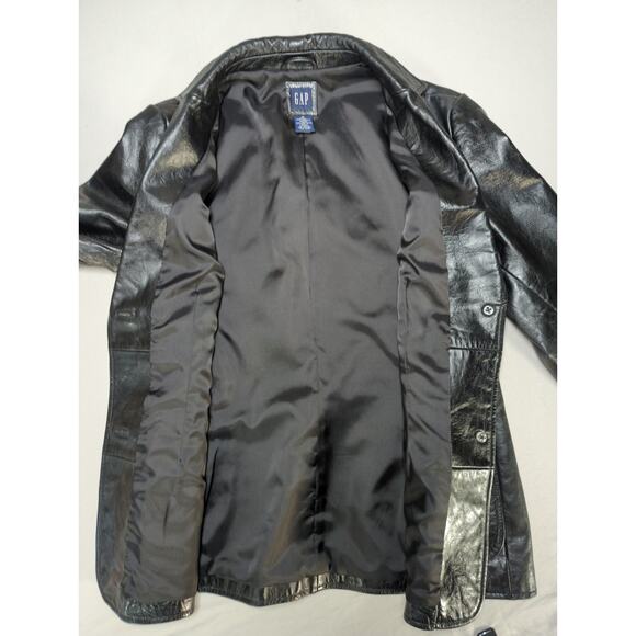 Y2K GAP Womens M Black Genuine Leather Blazer Jacket Two Button Classic - Picture 4 of 12